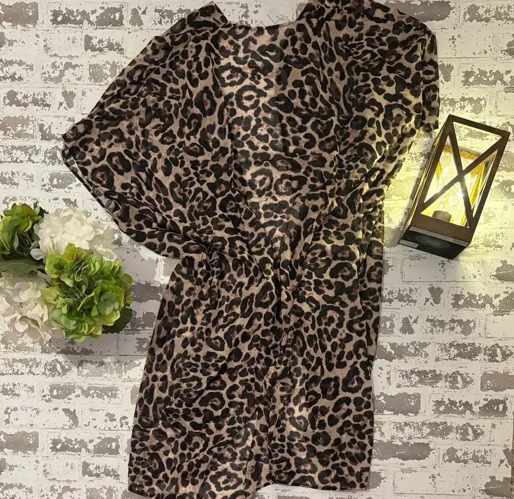 L and XL OEFAN Women's Leopard Print Short Sleeve Open Front Cardigan Kimono